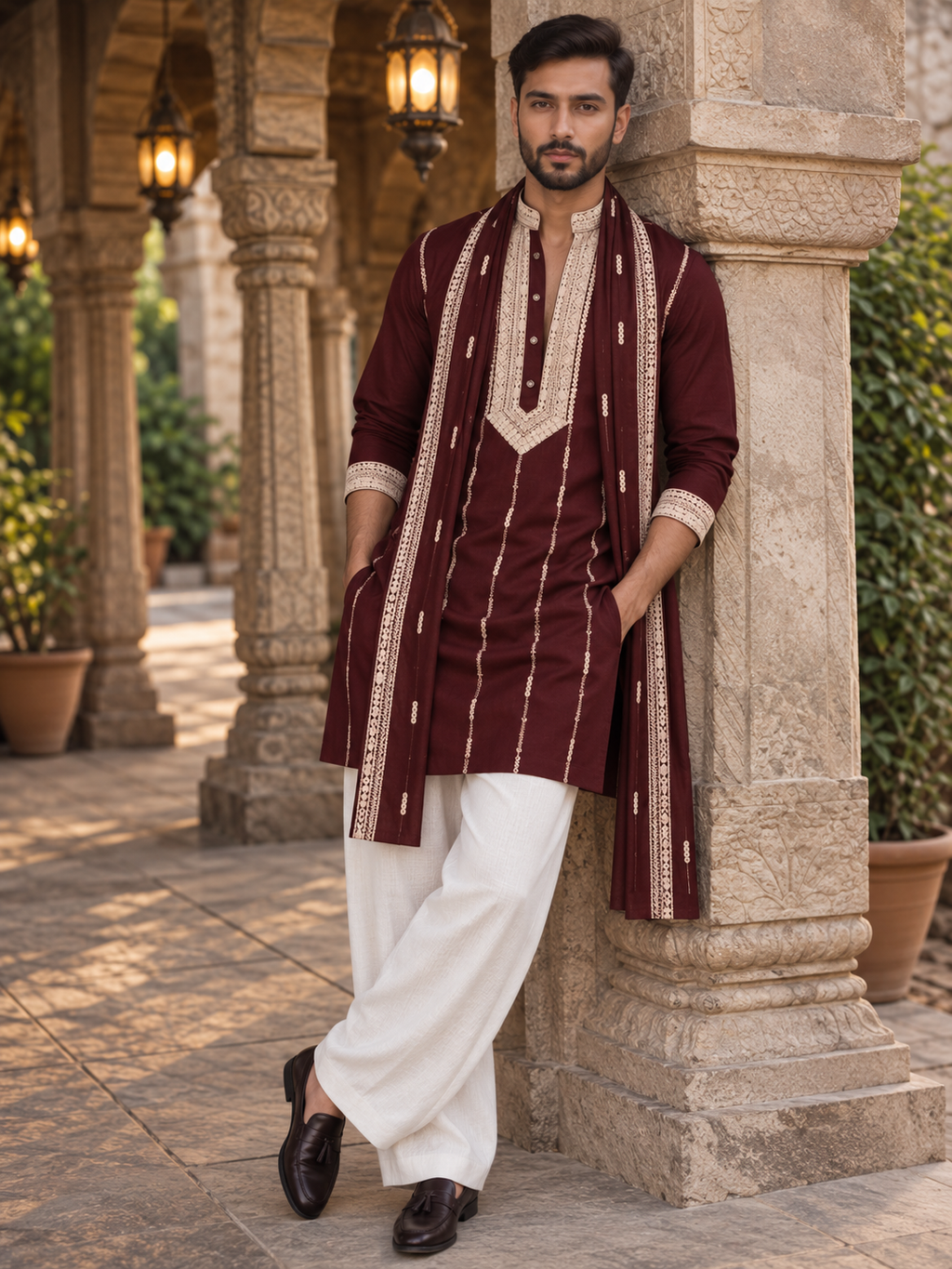 The Stylish Maroon Neck Embroidery Long Kurta With Dupatta