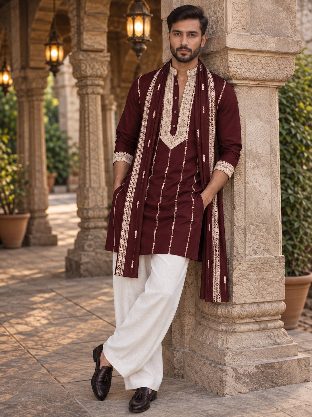 The Stylish Maroon Neck Embroidery Long Kurta With Dupatta
