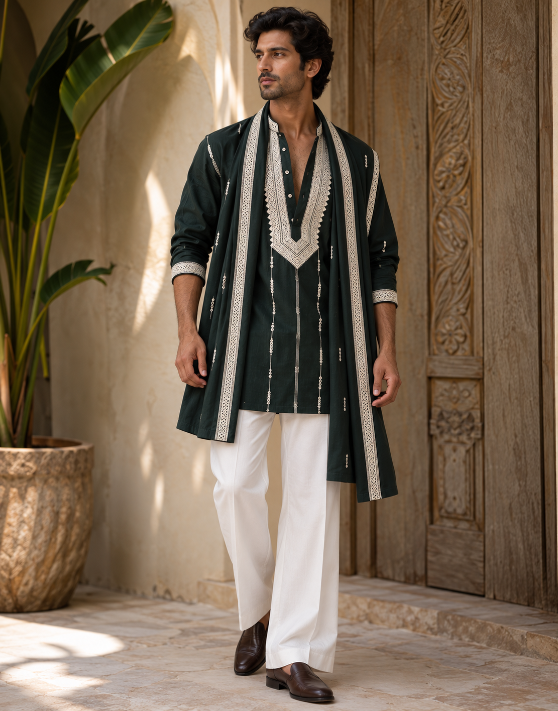 The Green Neck Embroidery Long Kurta With Dupatta