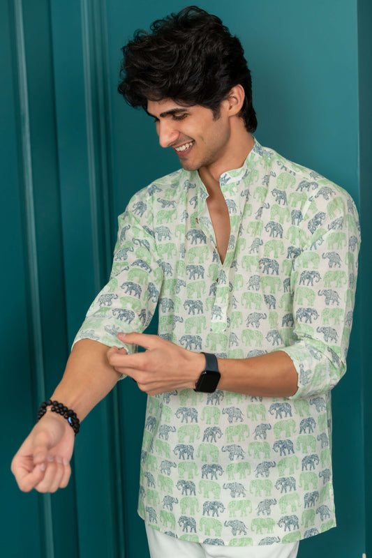 White short kurta for men with blue and green elephant print. 