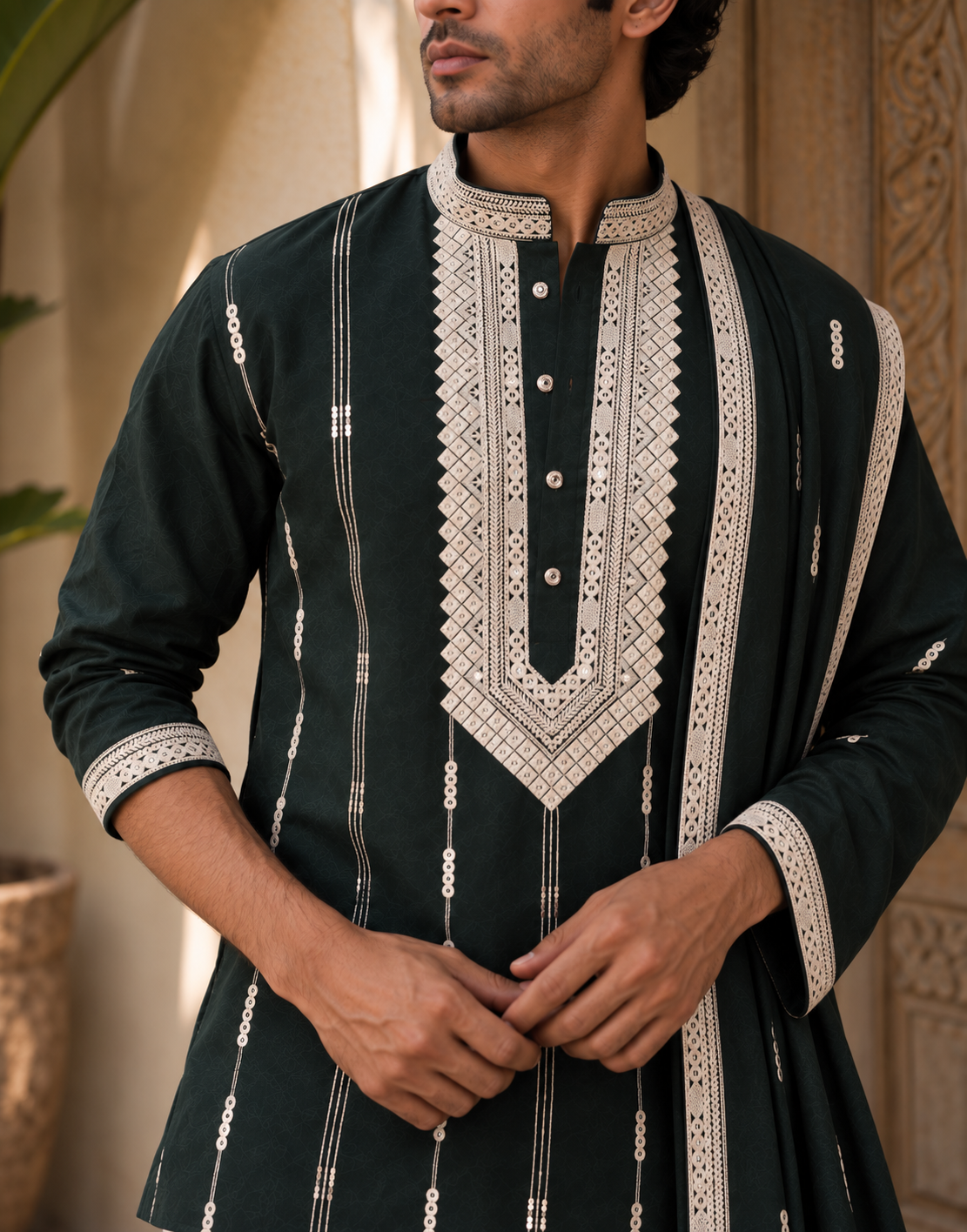 The Green Neck Embroidery Long Kurta With Dupatta