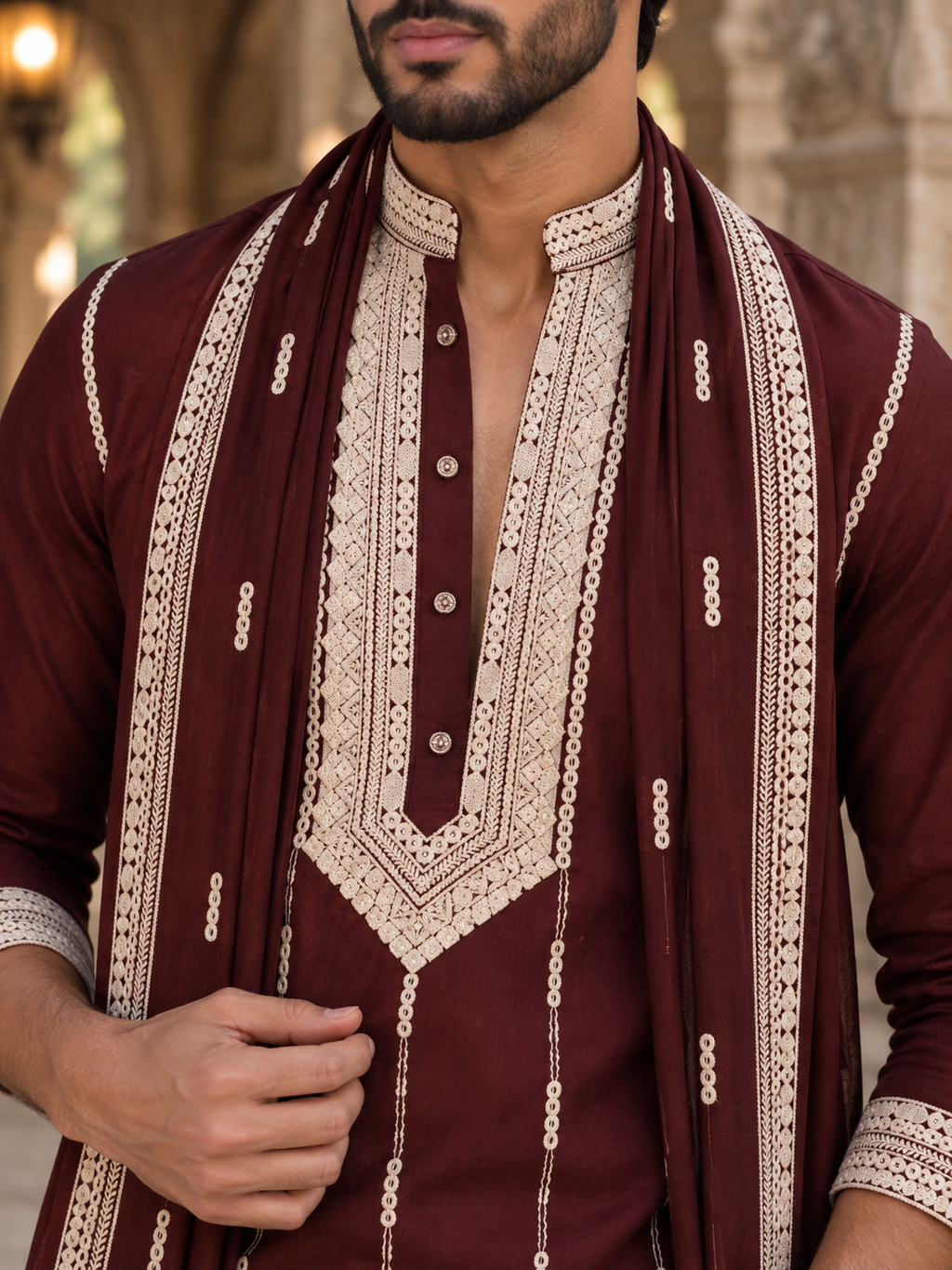The Stylish Maroon Neck Embroidery Long Kurta With Dupatta