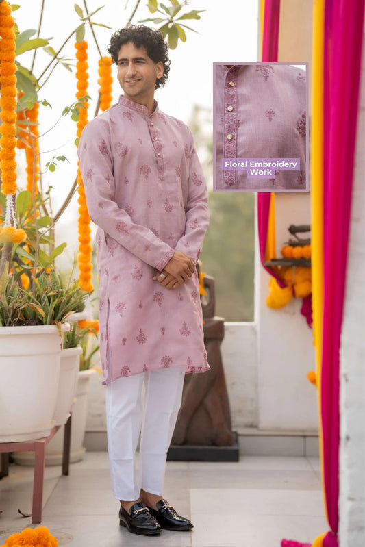 The Charm Pink Long Kurta With Floral Embroidery and Sequins Work