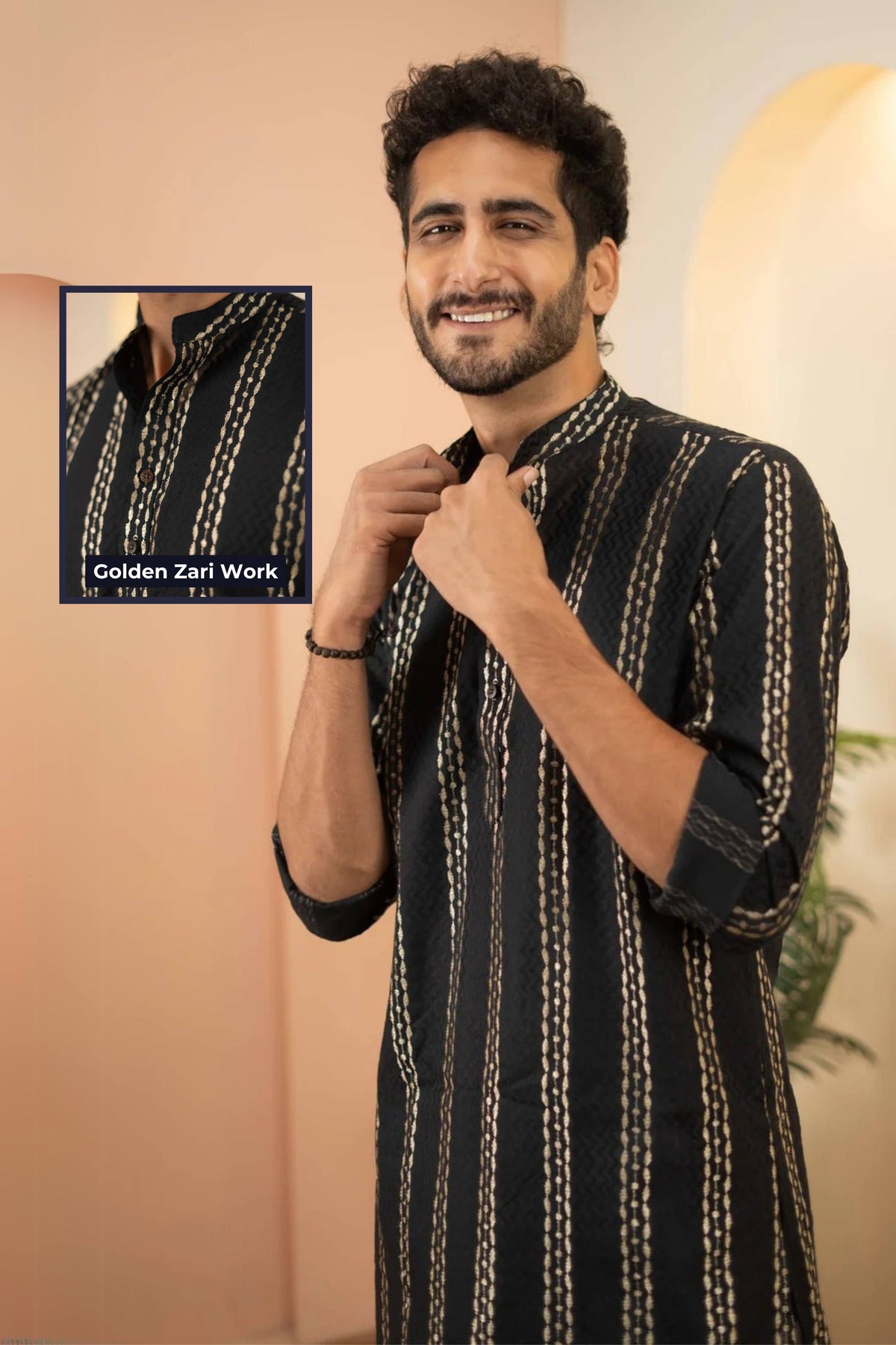 The Black Long Kurta With Golden Stripe Zari Work