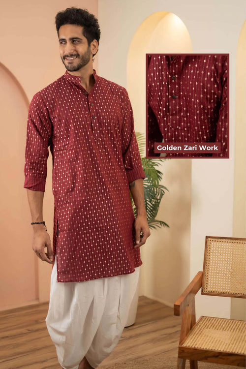 The Berry Red Long Kurta With Golden Stripe Zari Work