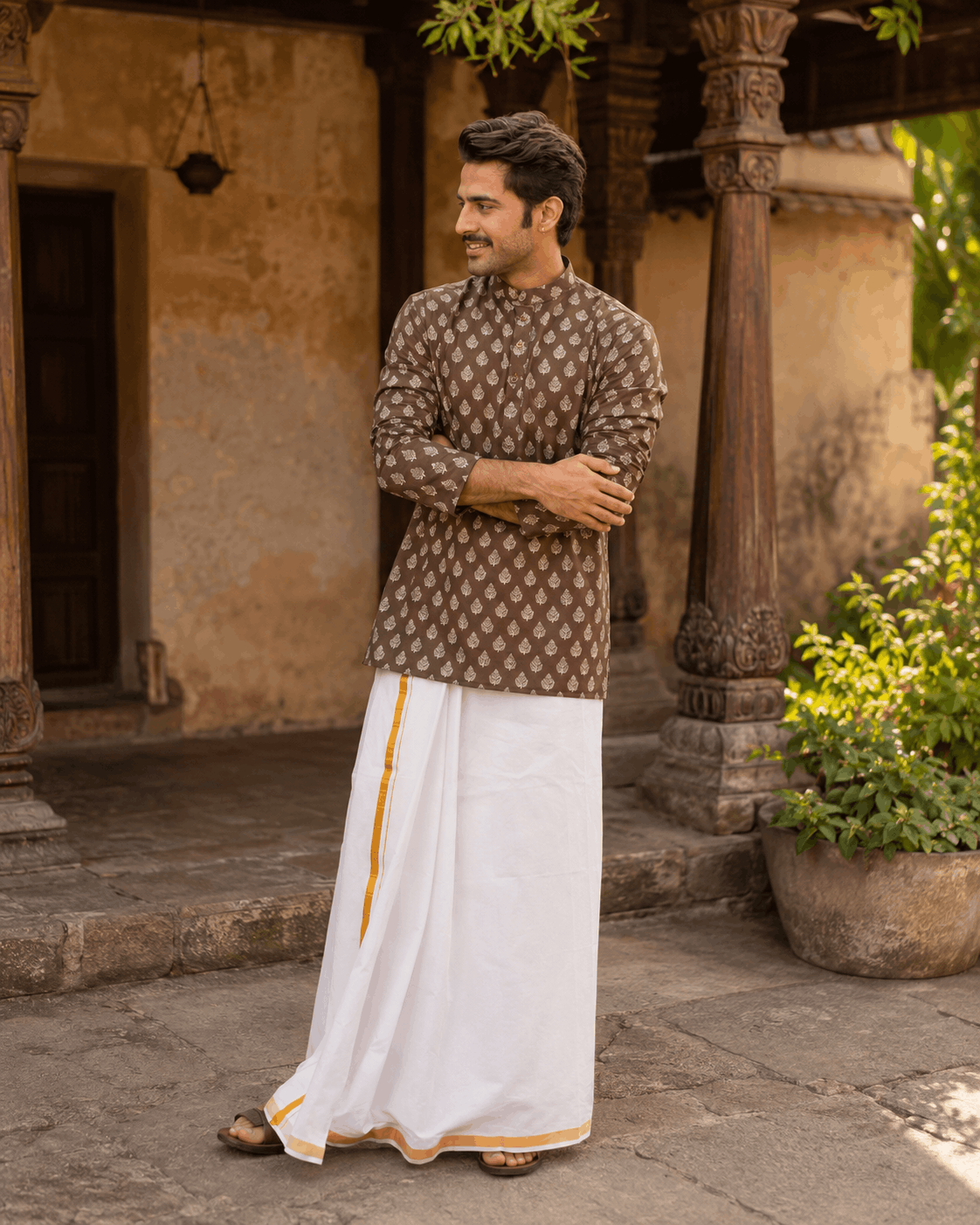 The Dark Brown Floral Motif Short Kurta