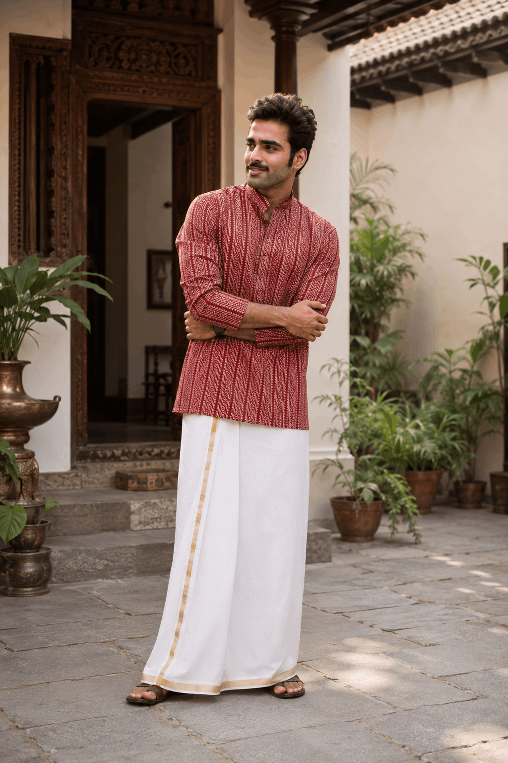 The Rust Red Tribal Stripe Short Kurta