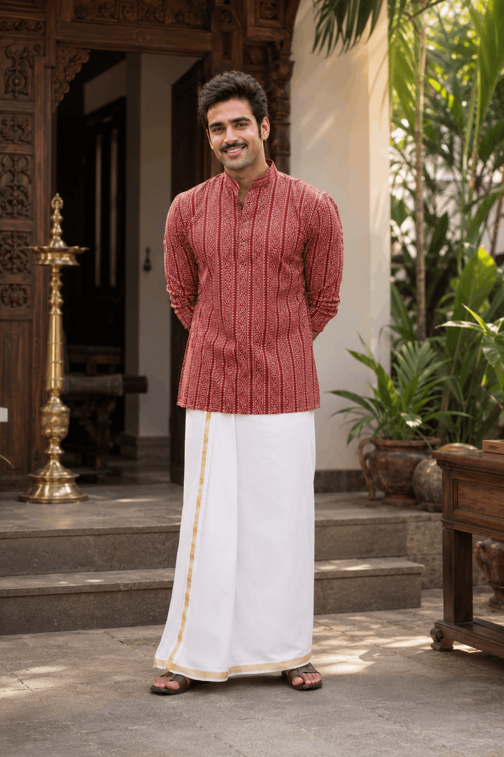 The Rust Red Tribal Stripe Short Kurta