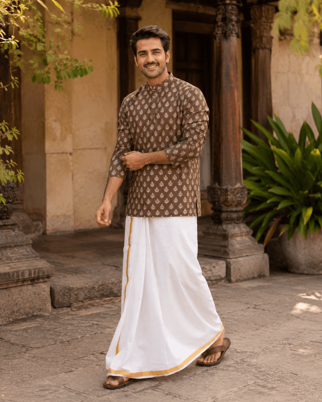 The Dark Brown Floral Motif Short Kurta