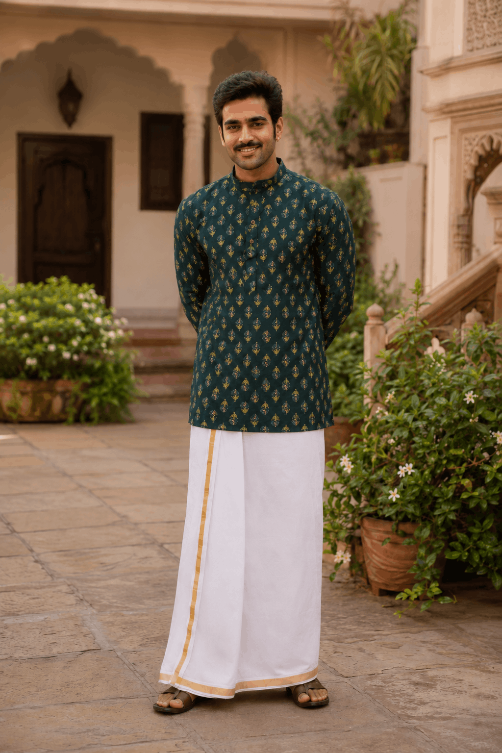 The Deep Green Garden Buti Print Short Kurta