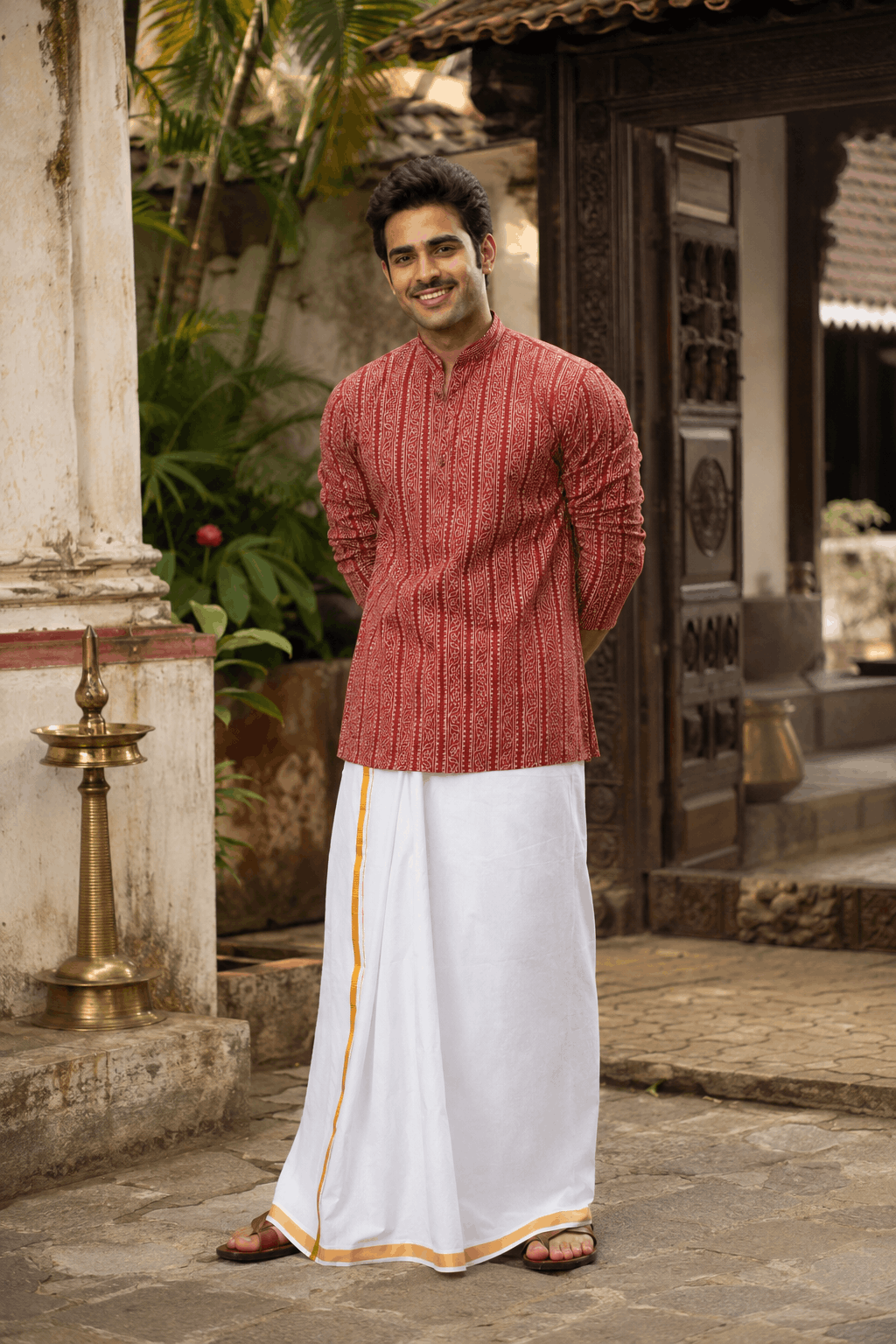 The Rust Red Tribal Stripe Short Kurta