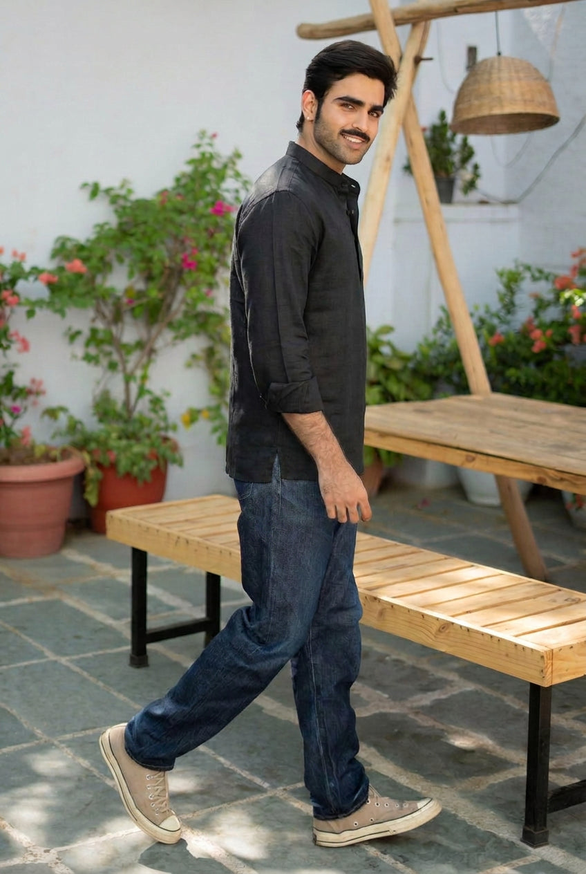 The Jet Black Everyday Linen Short Kurta