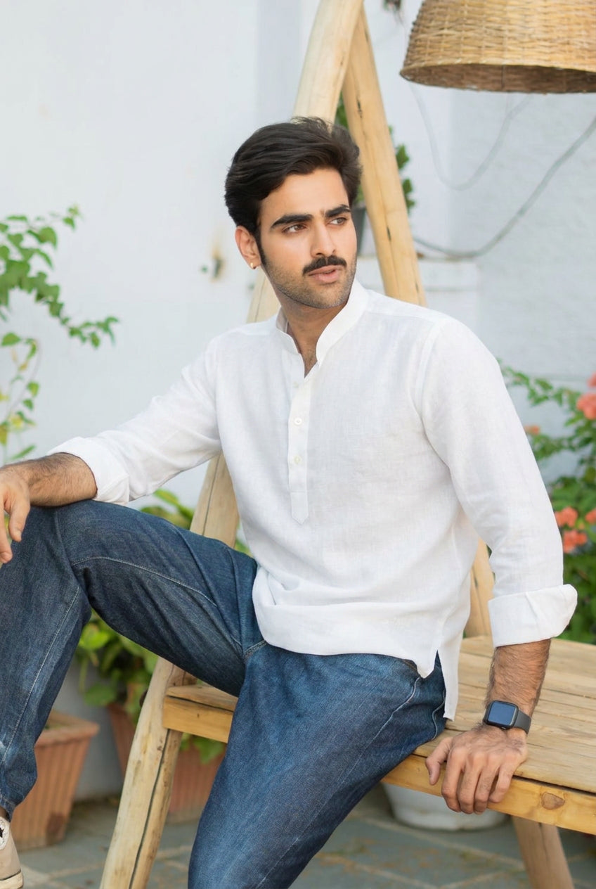 The White Everyday Linen Short Kurta