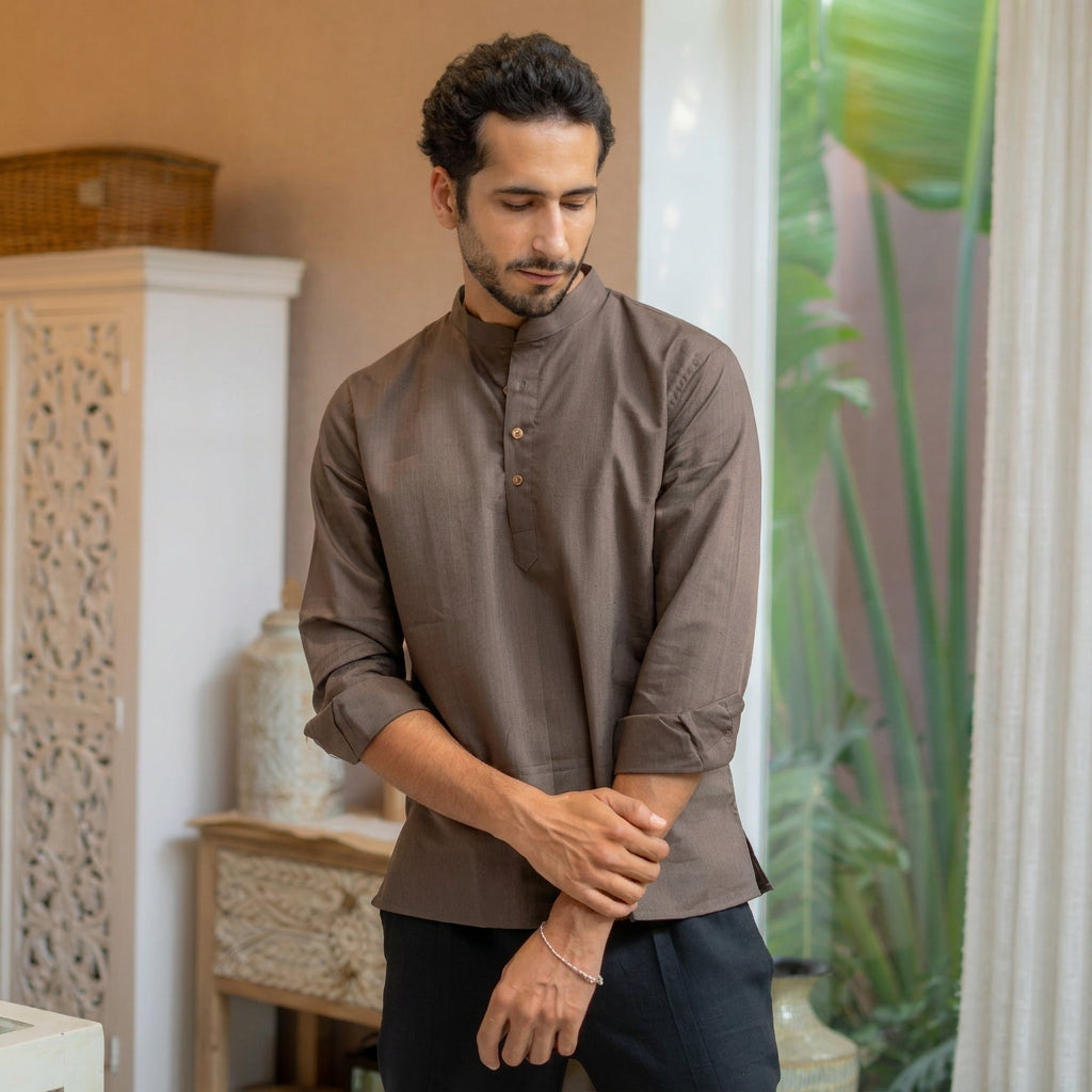 The Classic Brown Short Kurta with Striped Weave Texture