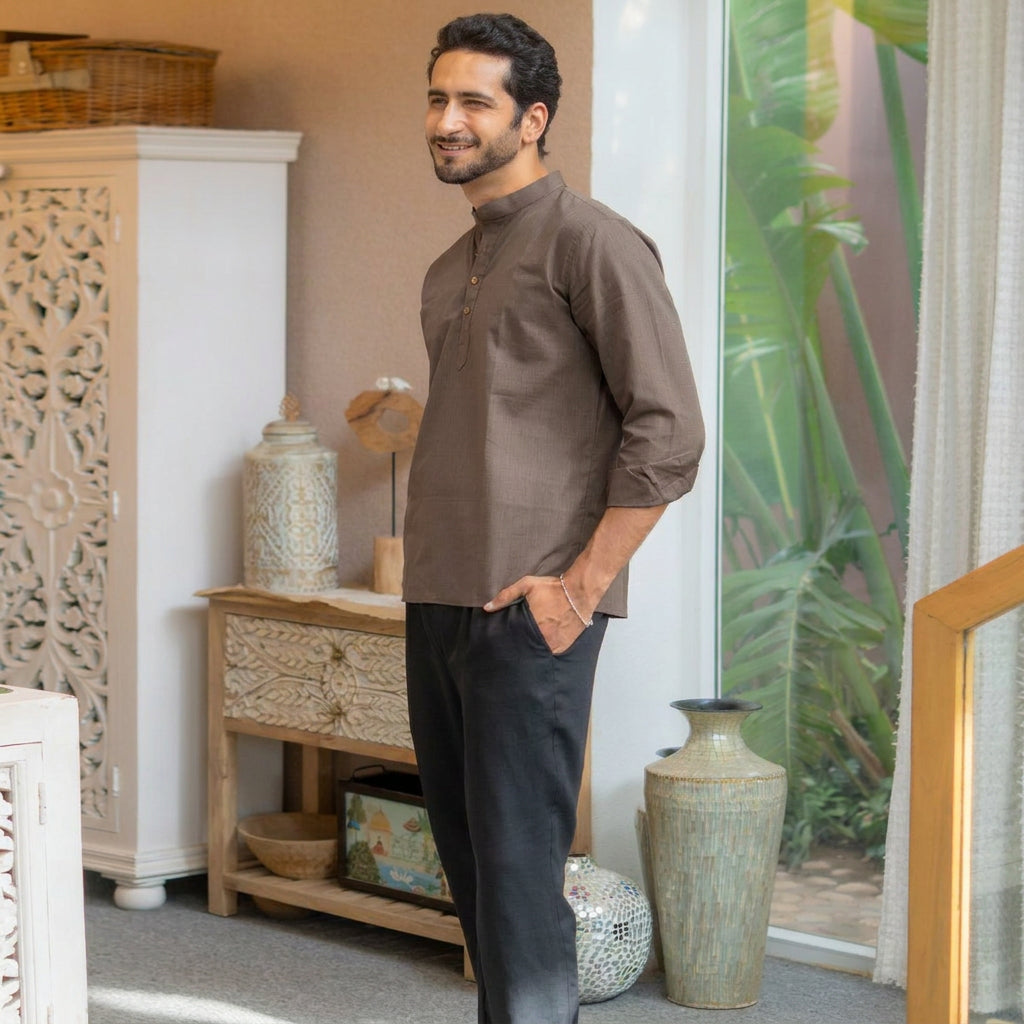 The Classic Brown Short Kurta with Striped Weave Texture