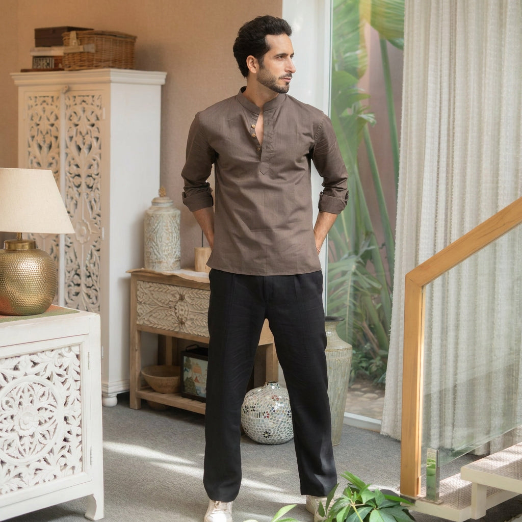 The Classic Brown Short Kurta with Striped Weave Texture