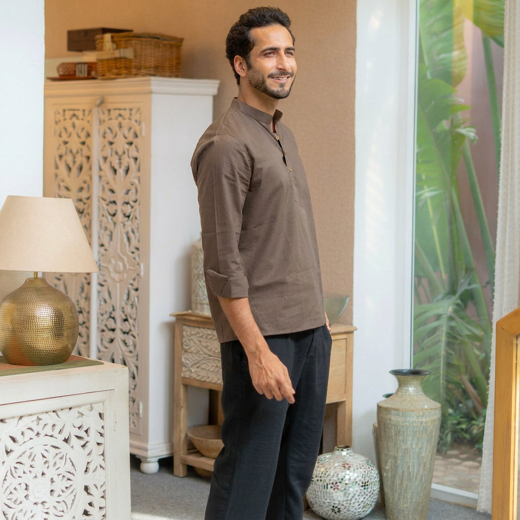 The Classic Brown Short Kurta with Striped Weave Texture