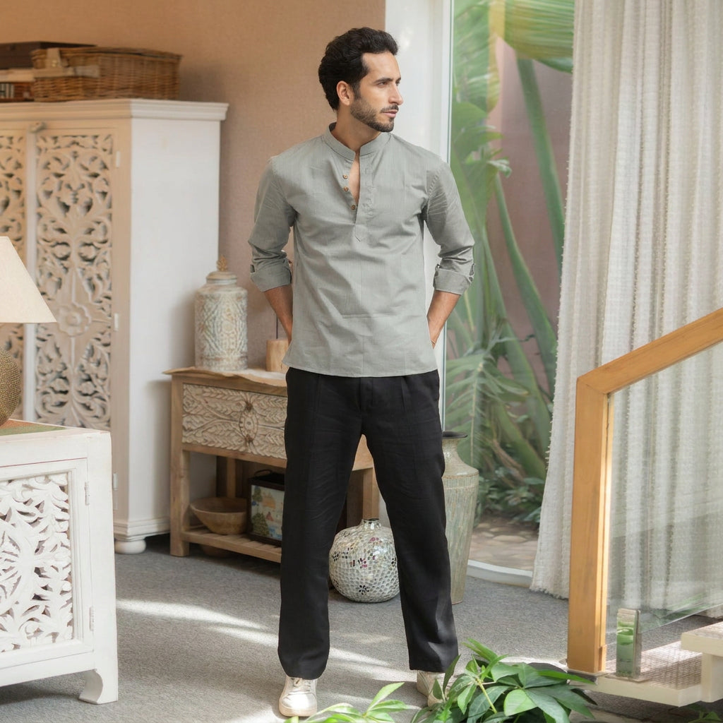 The Muted Grey Short Kurta with Striped Weave Texture