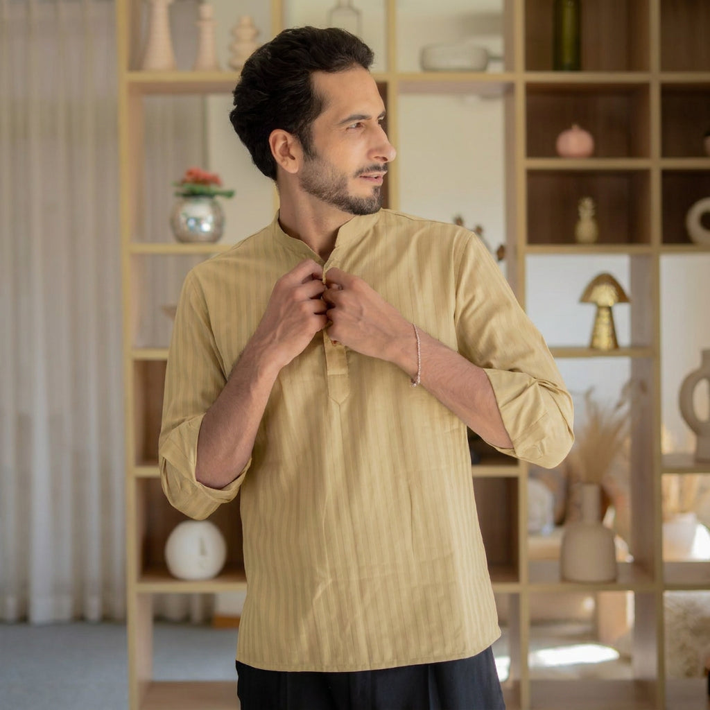 The Warm Sand Short Kurta with Self Stripe Work