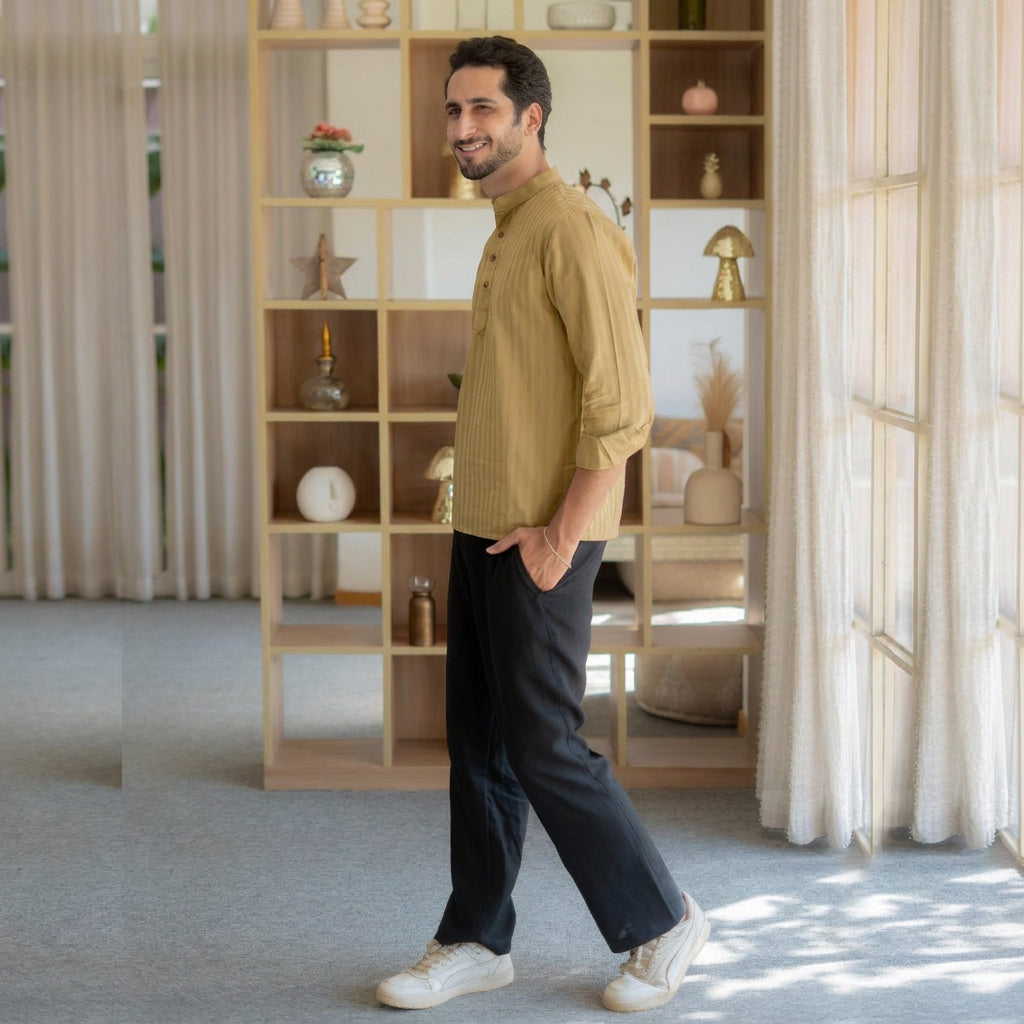 The Warm Sand Short Kurta with Self Stripe Work