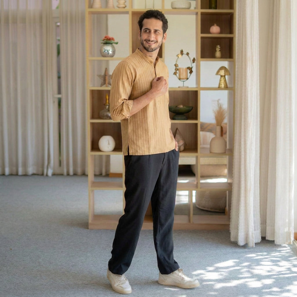 The Warm Sand Short Kurta with Self Stripe Work