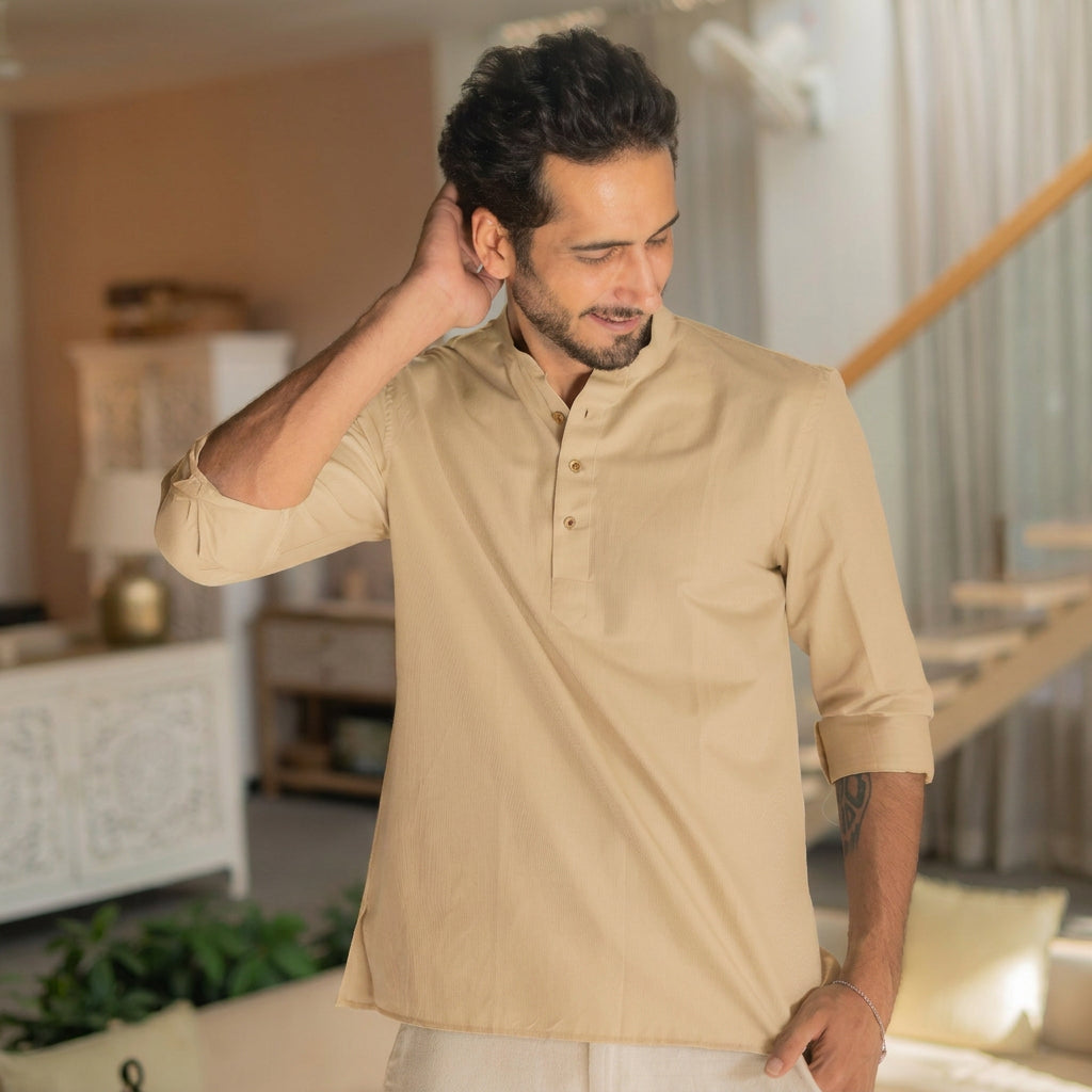 The Sand Beige Striped Stretchable Short Kurta