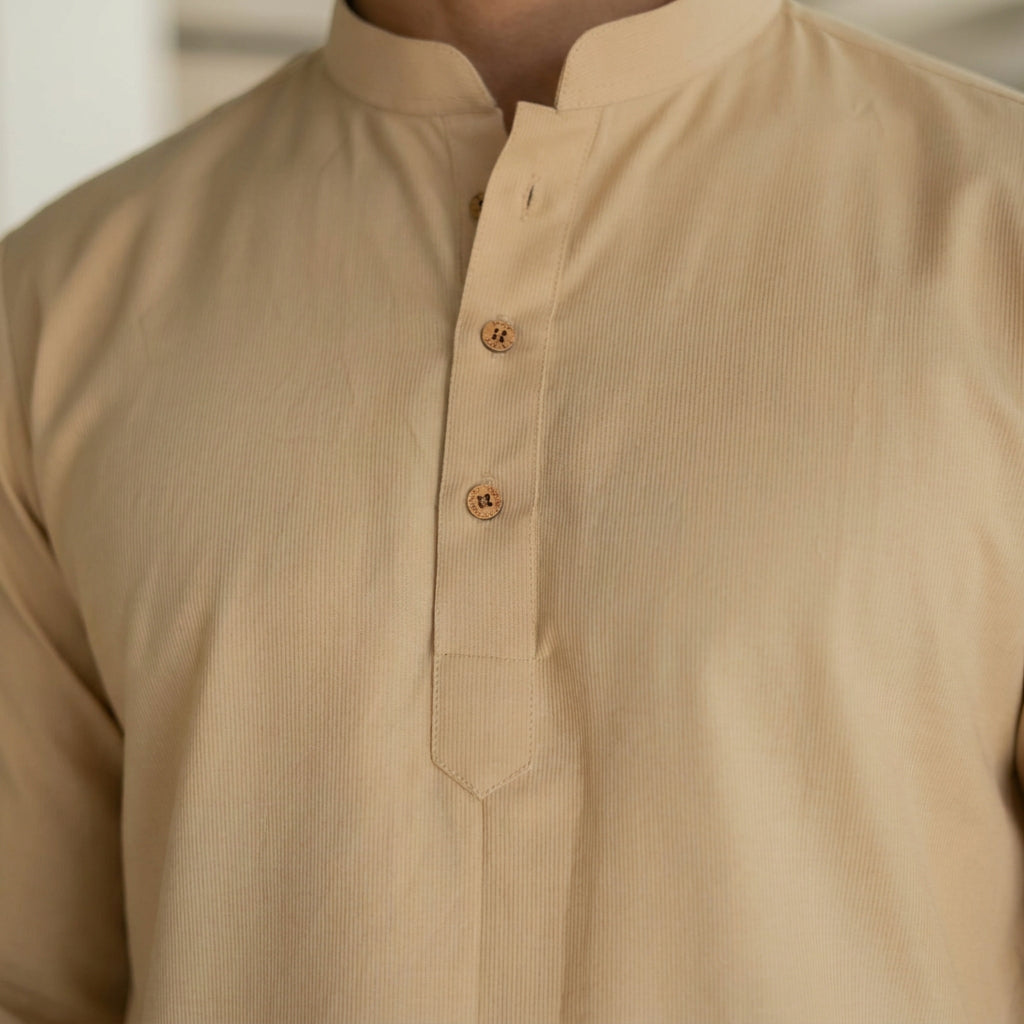The Sand Beige Striped Stretchable Short Kurta