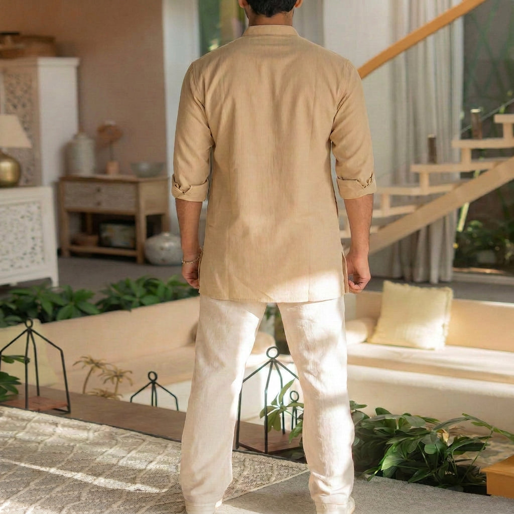 The Sand Beige Striped Stretchable Short Kurta