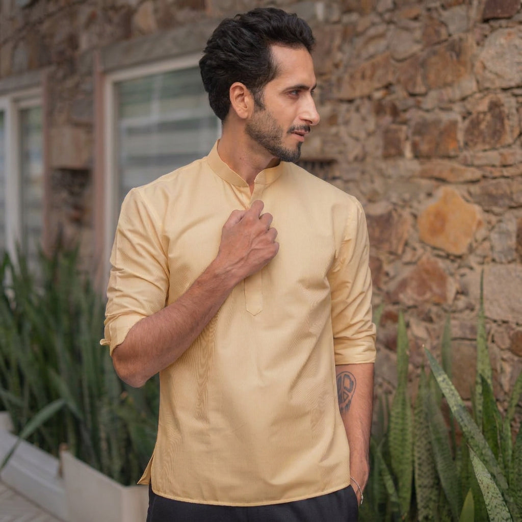 The Sand Beige Striped Stretchable Short Kurta
