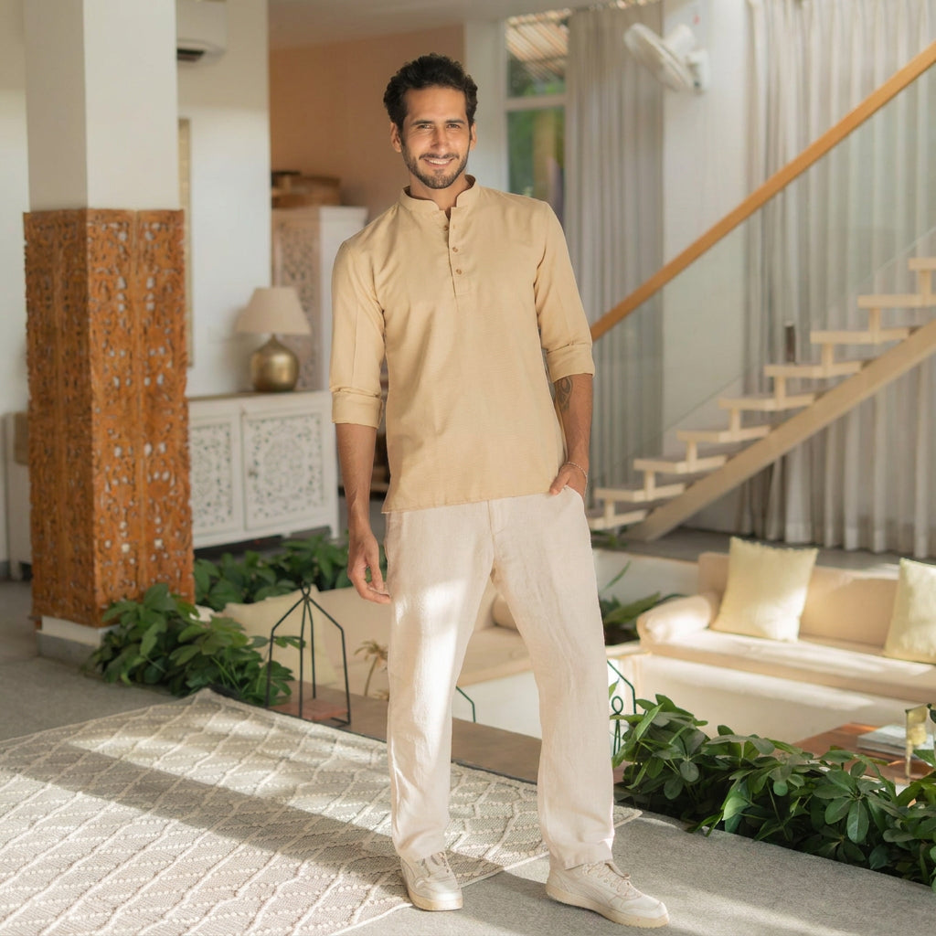 The Sand Beige Striped Stretchable Short Kurta