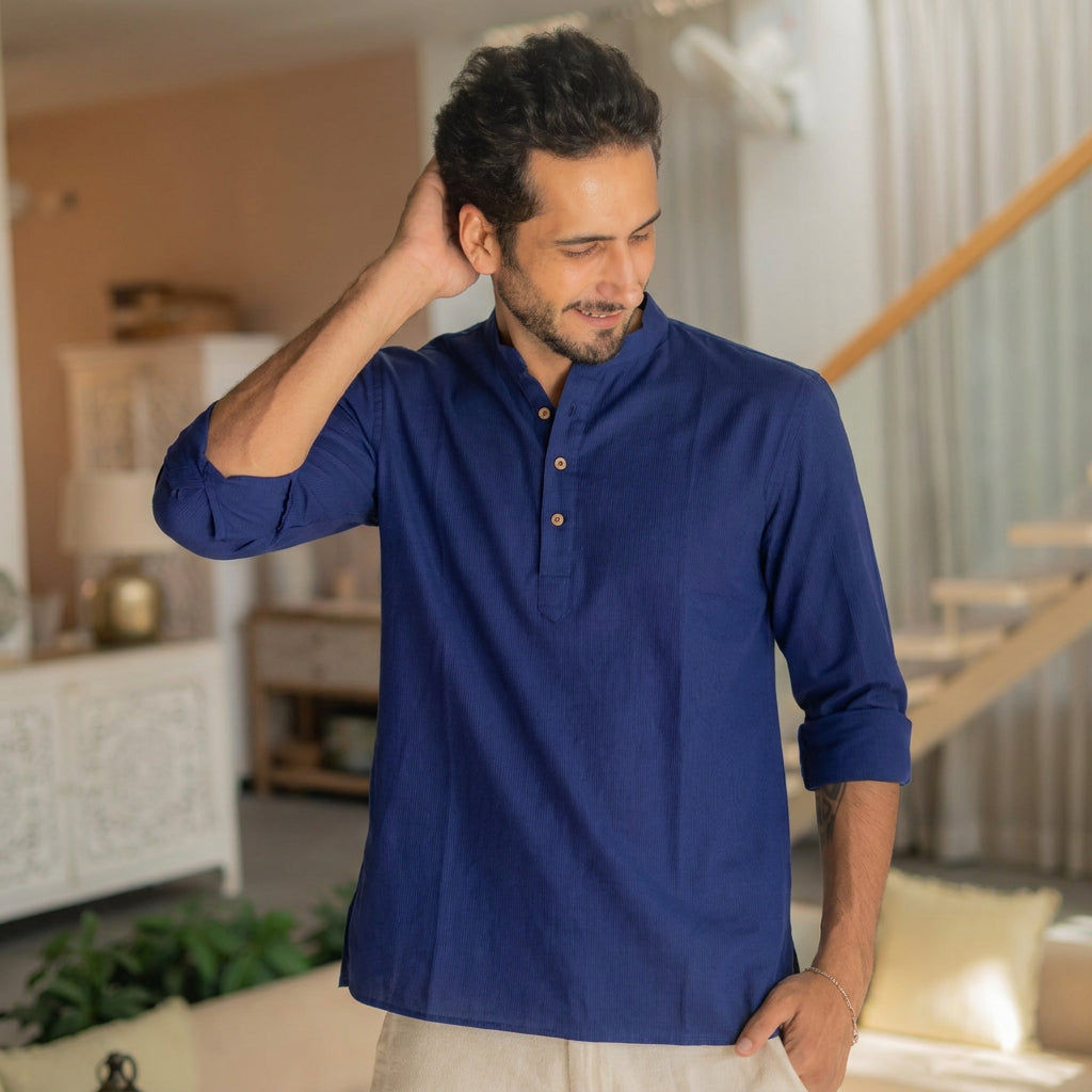 The Classic Navy Striped Stretchable Short Kurta