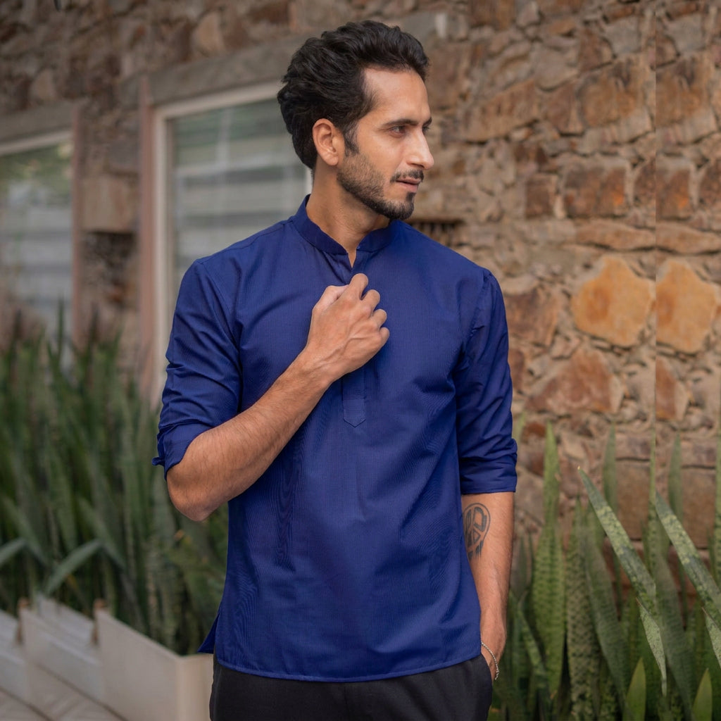 The Classic Navy Striped Stretchable Short Kurta