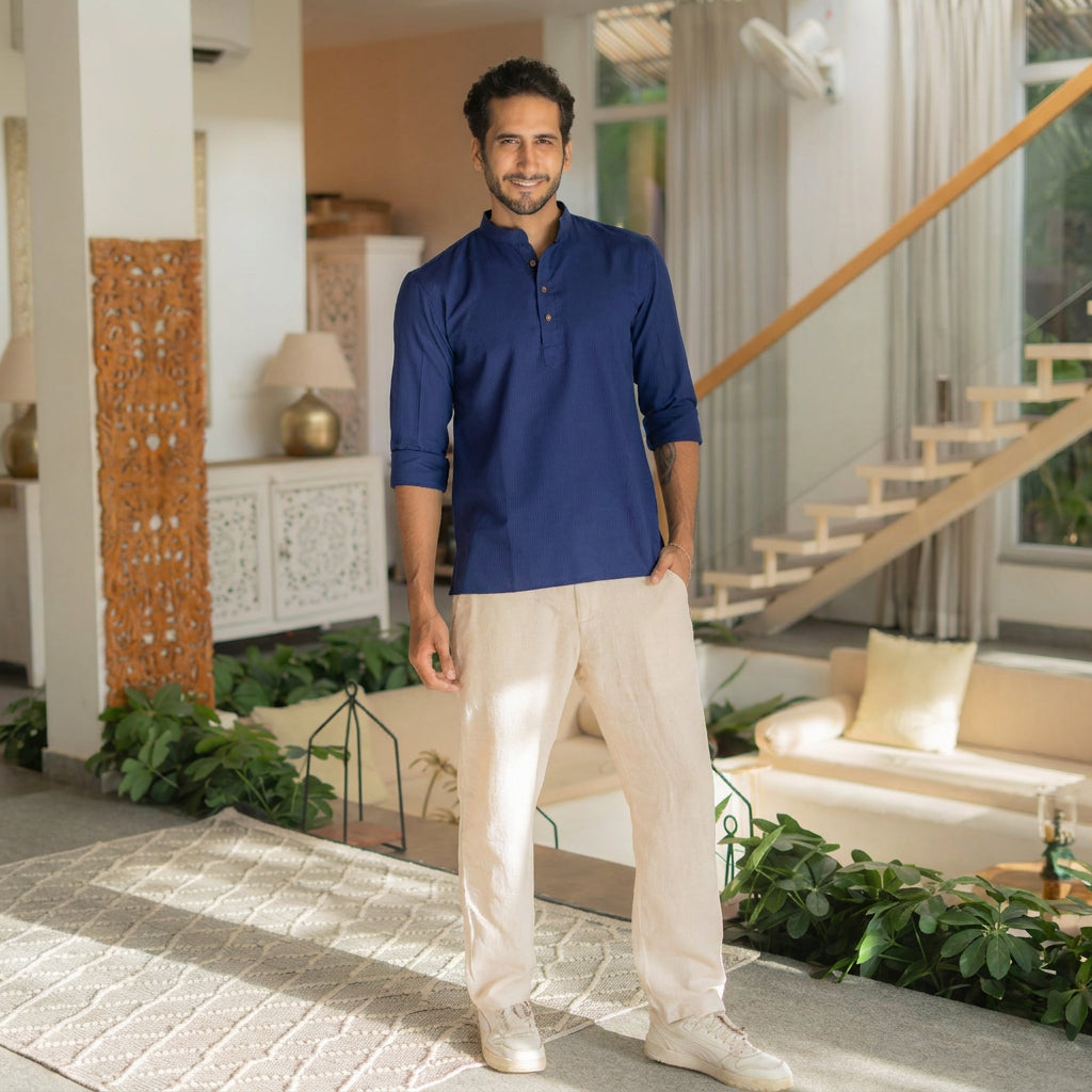 The Classic Navy Striped Stretchable Short Kurta