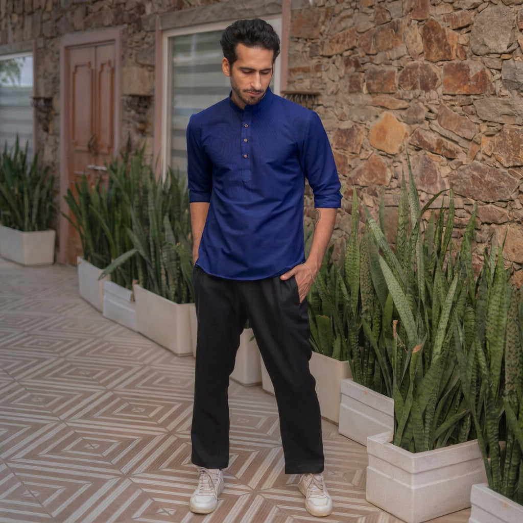 The Classic Navy Striped Stretchable Short Kurta