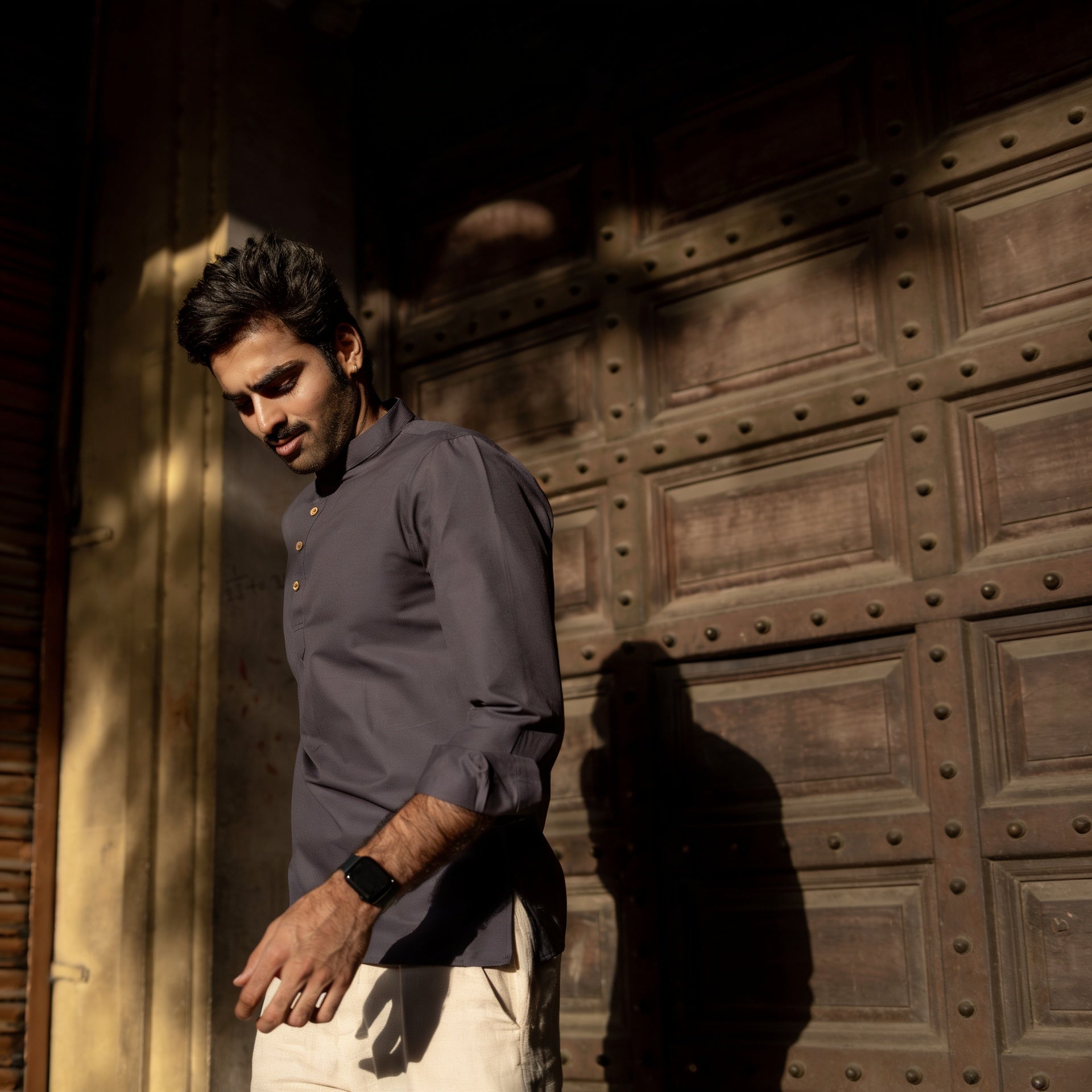 The Midnight Navy Striped Stretchable Short Kurta