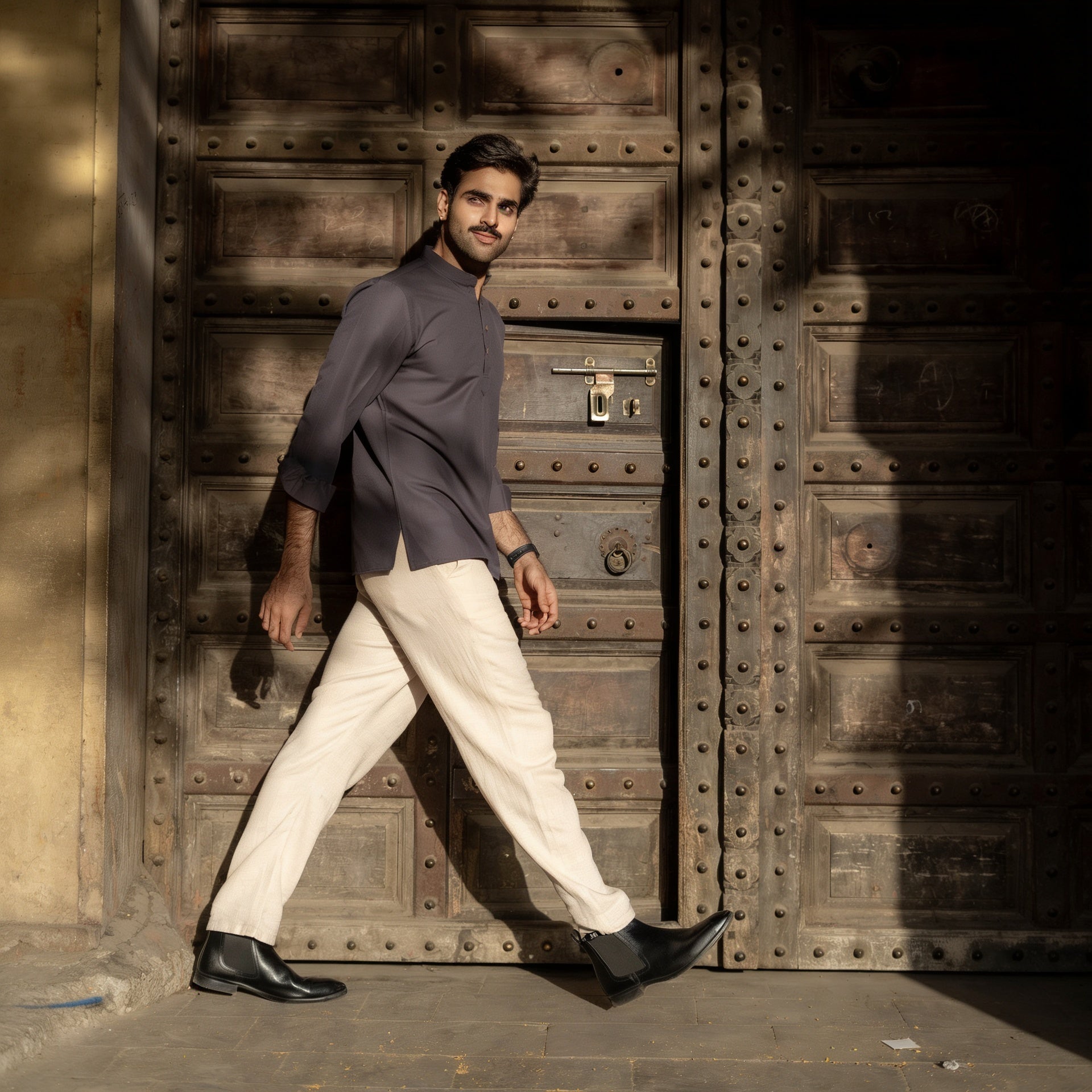 The Midnight Navy Striped Stretchable Short Kurta