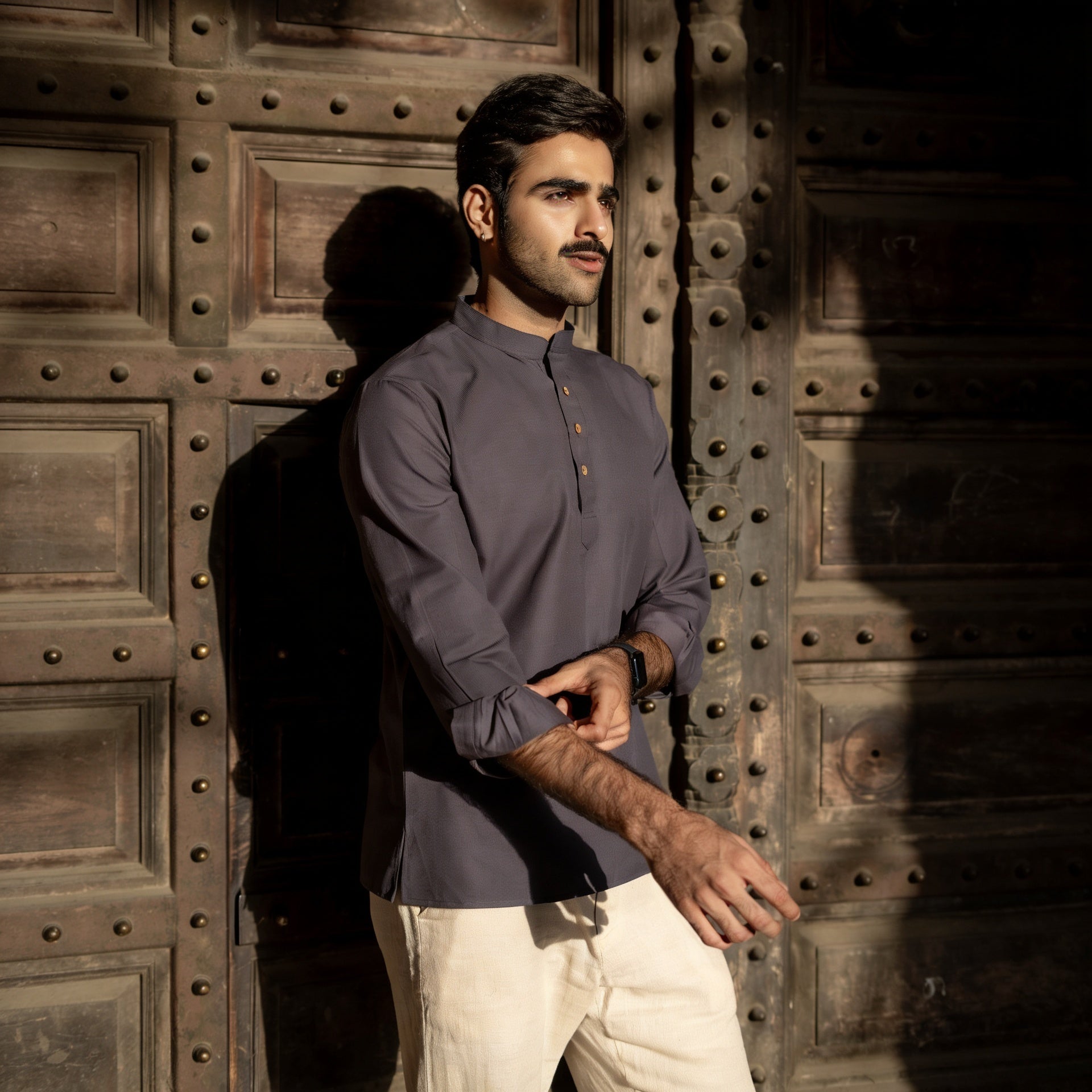 The Midnight Navy Striped Stretchable Short Kurta