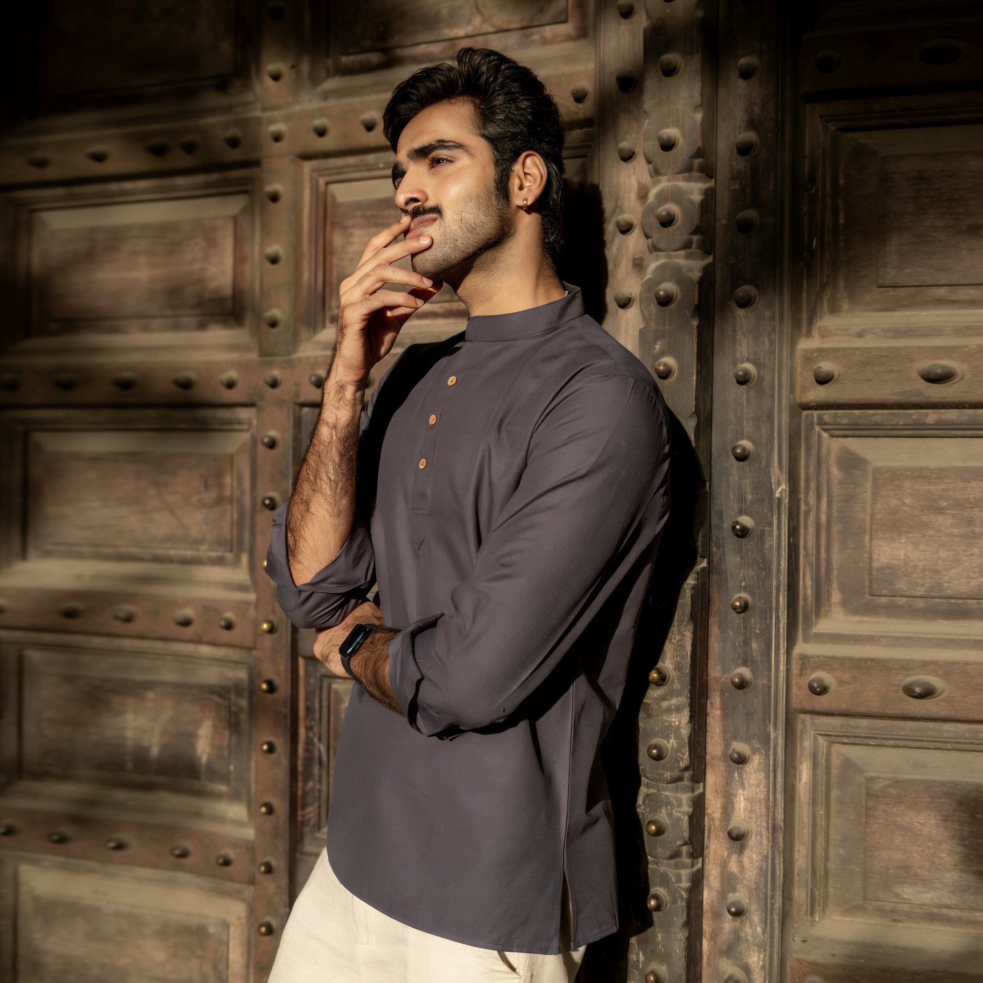 The Midnight Navy Striped Stretchable Short Kurta