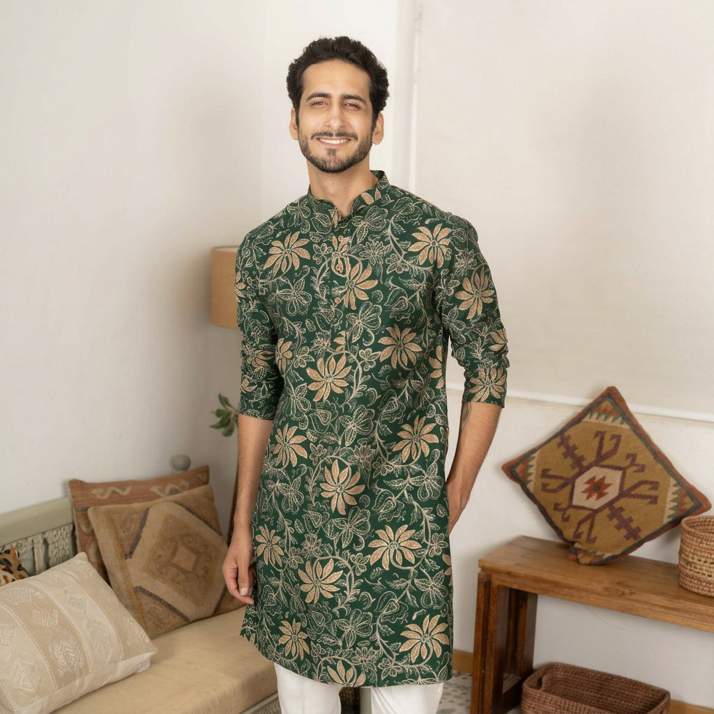 The Dark Green Golden Blossom Long Kurta