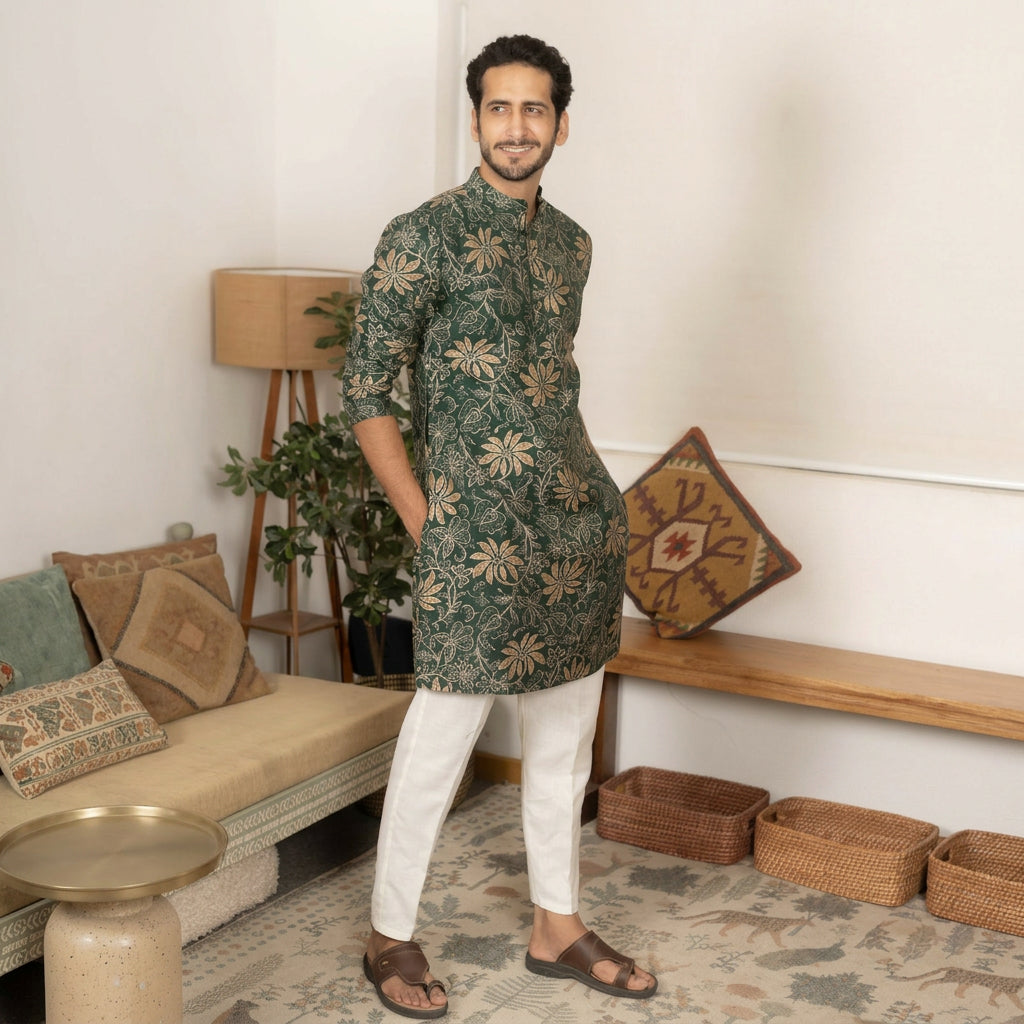 The Dark Green Golden Blossom Long Kurta