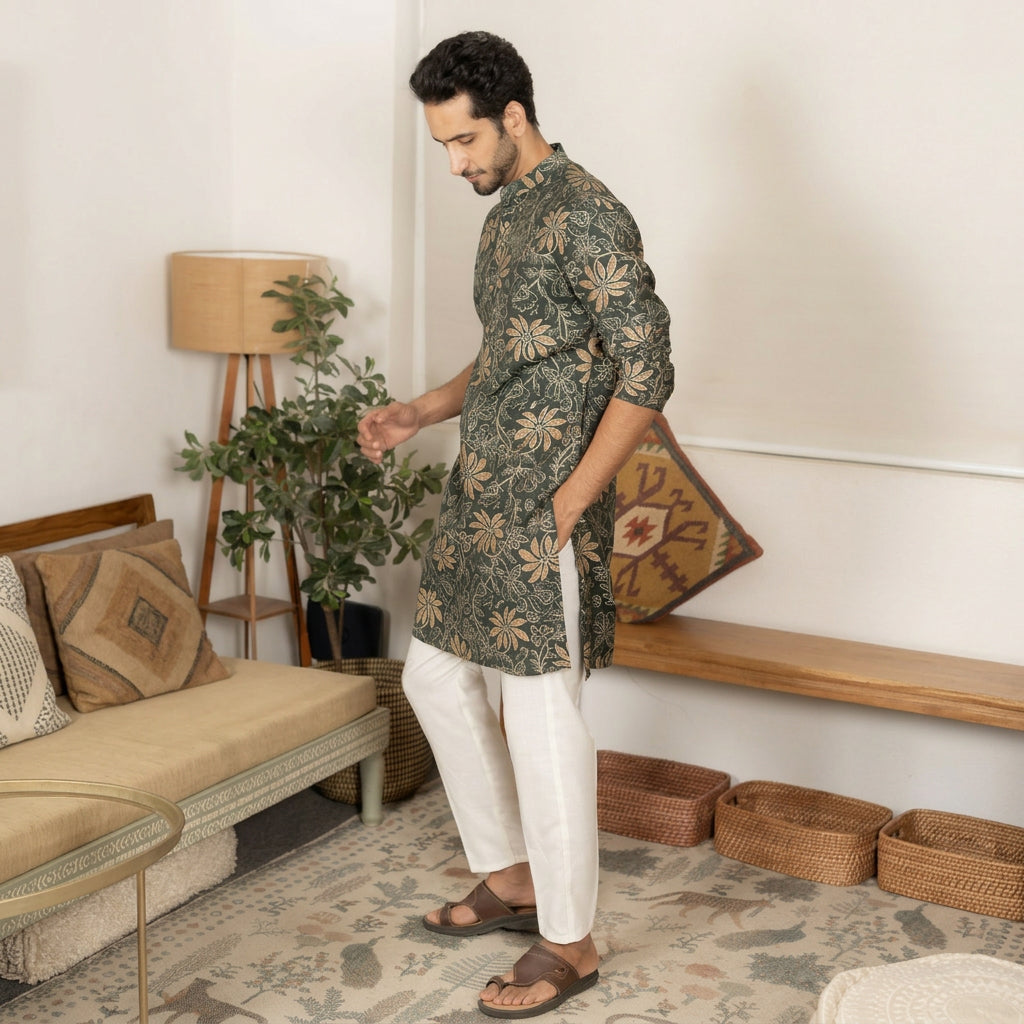 The Dark Green Golden Blossom Long Kurta