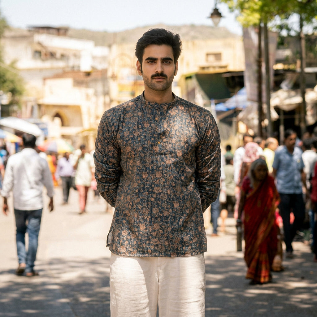 The Deep Navy Kantha Work Short Kurta with Floral Print
