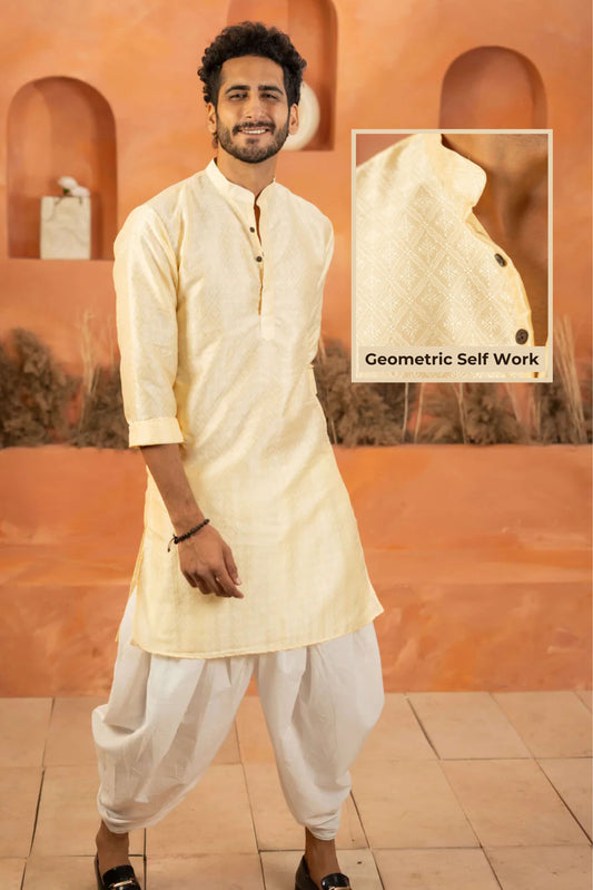 The Off-White Long Kurta with Geometric Self Work