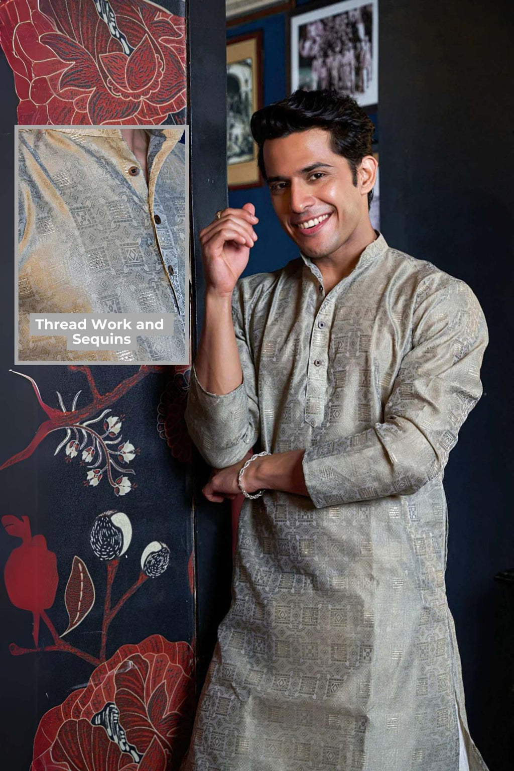 The Stone Grey Long Kurta With Thread Work and Sequins