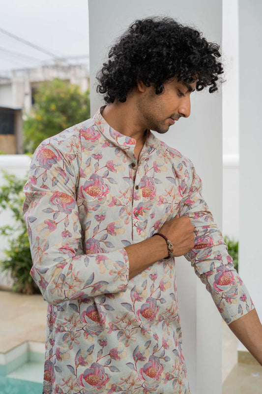The Off-White All-Over Pastel Pink Floral Foil Print Long Kurta