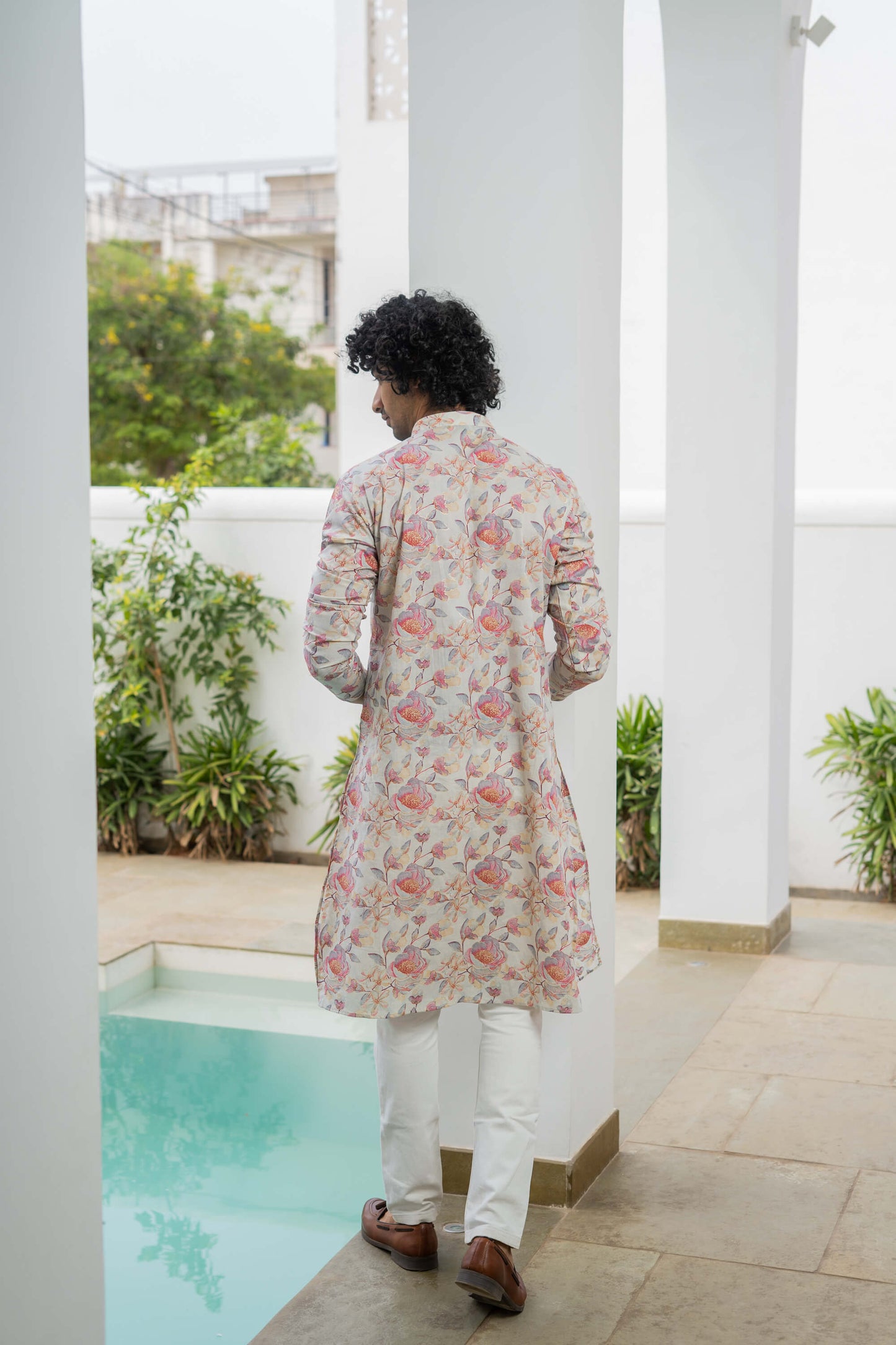 The Off-White All-Over Pastel Pink Floral Foil Print Long Kurta