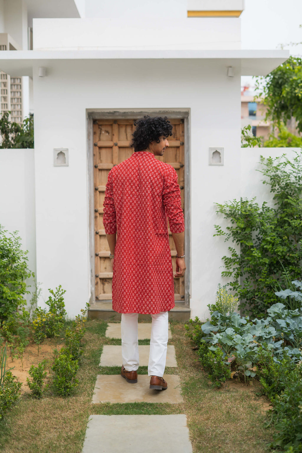 The Red Kantha Work Long Kurta With White Butti Print