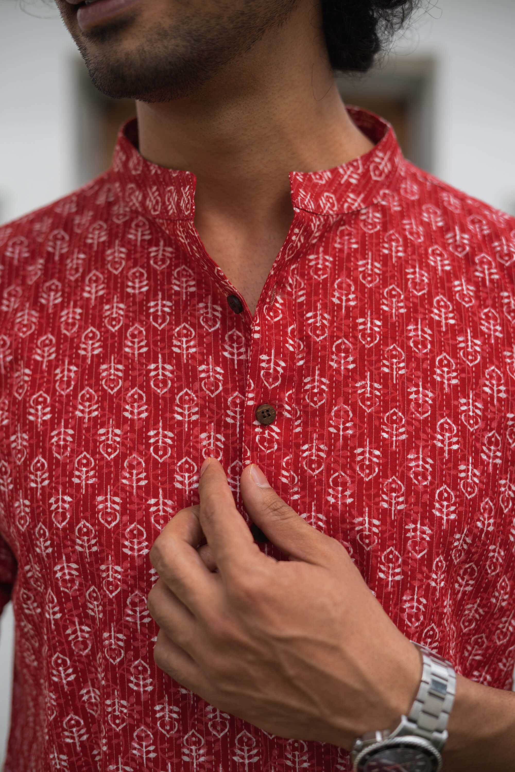 Red Kantha Work Long Kurta With White Butti Print