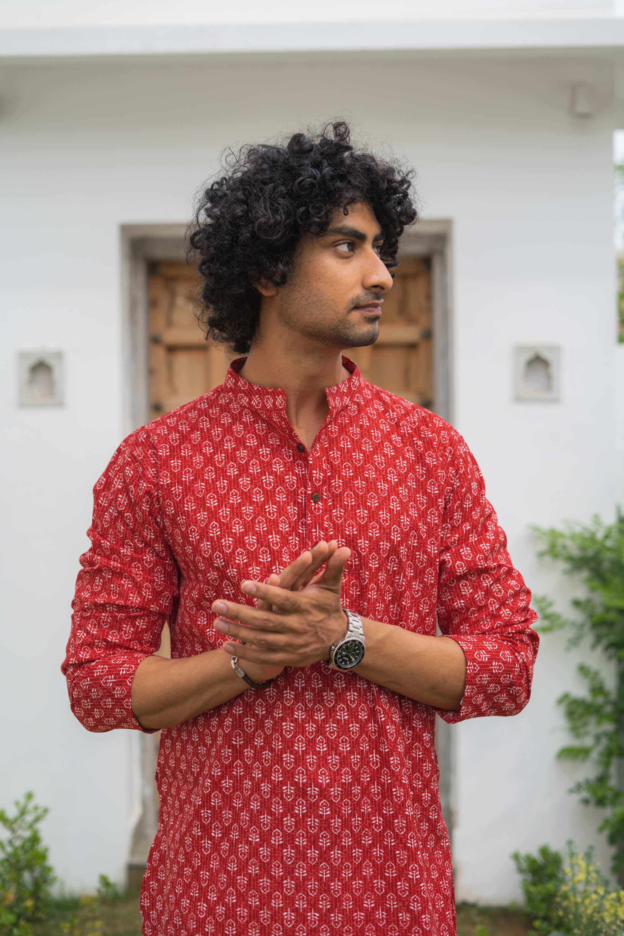 The Red Kantha Work Long Kurta With White Butti Print