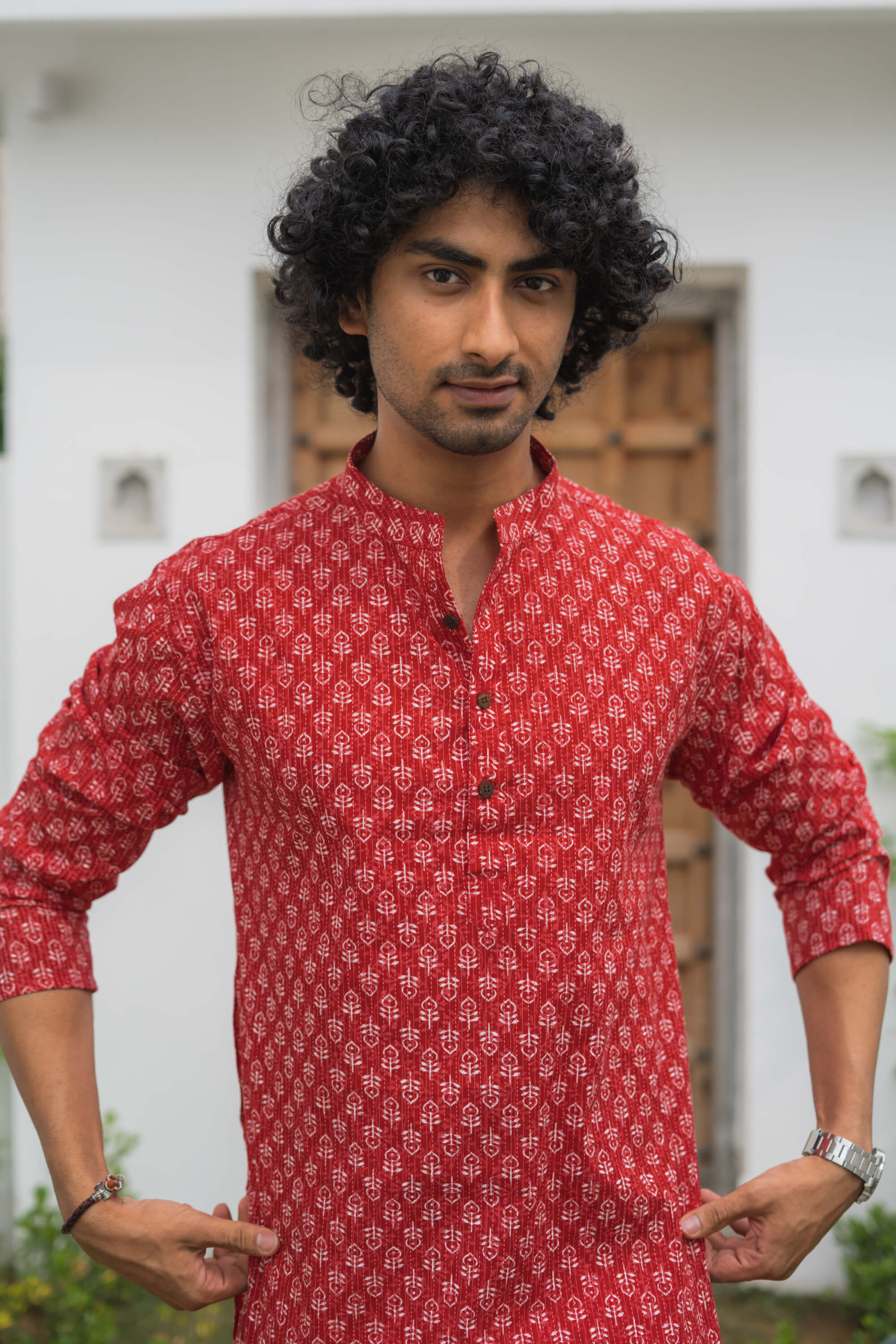The Red Kantha Work Long Kurta With White Butti Print